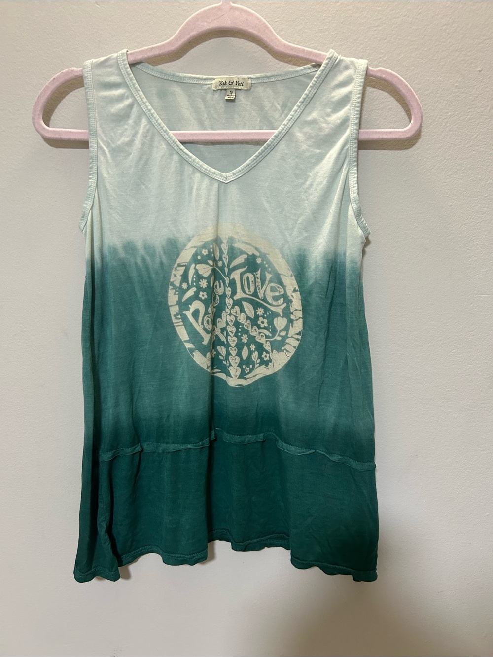Yak & Yeti Green Ombre Boho Peace & Love Tunic Tank Top - Size S 0386